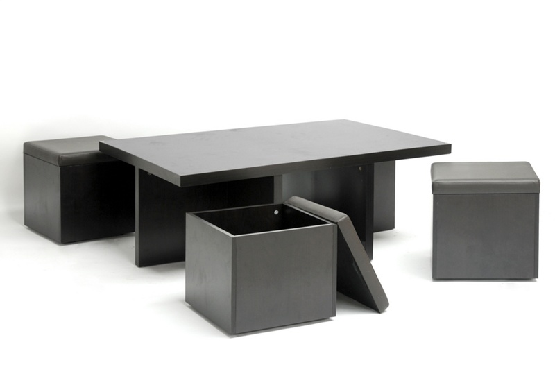 MODERN DARK BROWN COFFEE TABLE AND 4 STOOL SET OTTOMAN W/ HIDDEN STORAGE SPACE eBay
