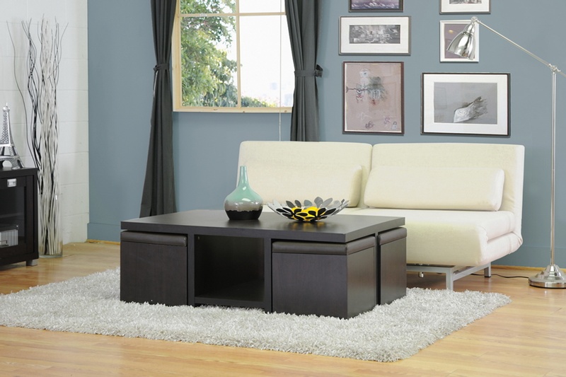 MODERN DARK BROWN COFFEE TABLE AND 4 STOOL SET OTTOMAN W/ HIDDEN