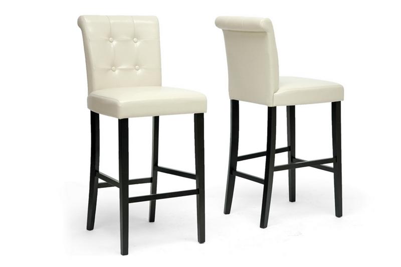 2 CREAM WHITE BUTTON TUFTED MODERN FAUX LEATHER BAR STOOLS SCROLL BACK