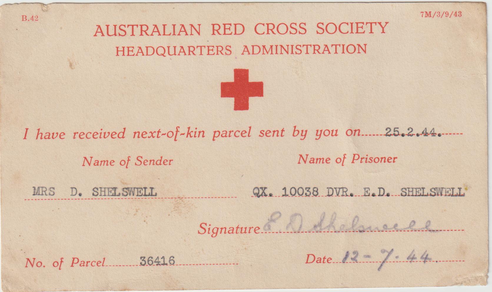 1944 GERMANY AUSTRALIA…WW2 AUST. RED CROSS PARCEL CARD.. [20831