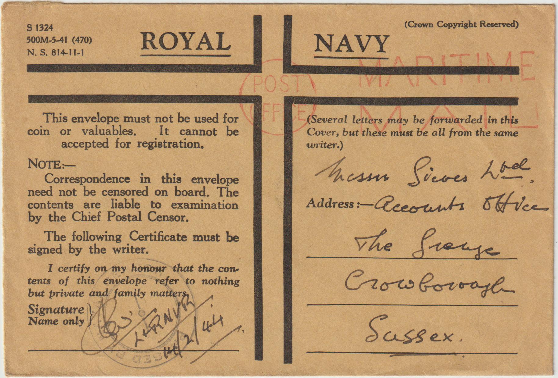 1944 GREAT BRITAIN….WW2 NAVAL MAIL…. [21066] Mike White UK Postal History