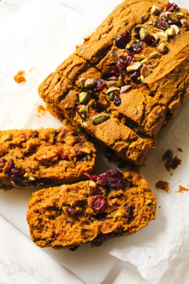 Pumpkin Cranberry Pistachio Bread (glutenfree, whole grain, flourless