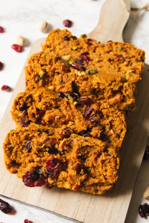 Pumpkin Cranberry Pistachio Bread (glutenfree, whole grain, flourless