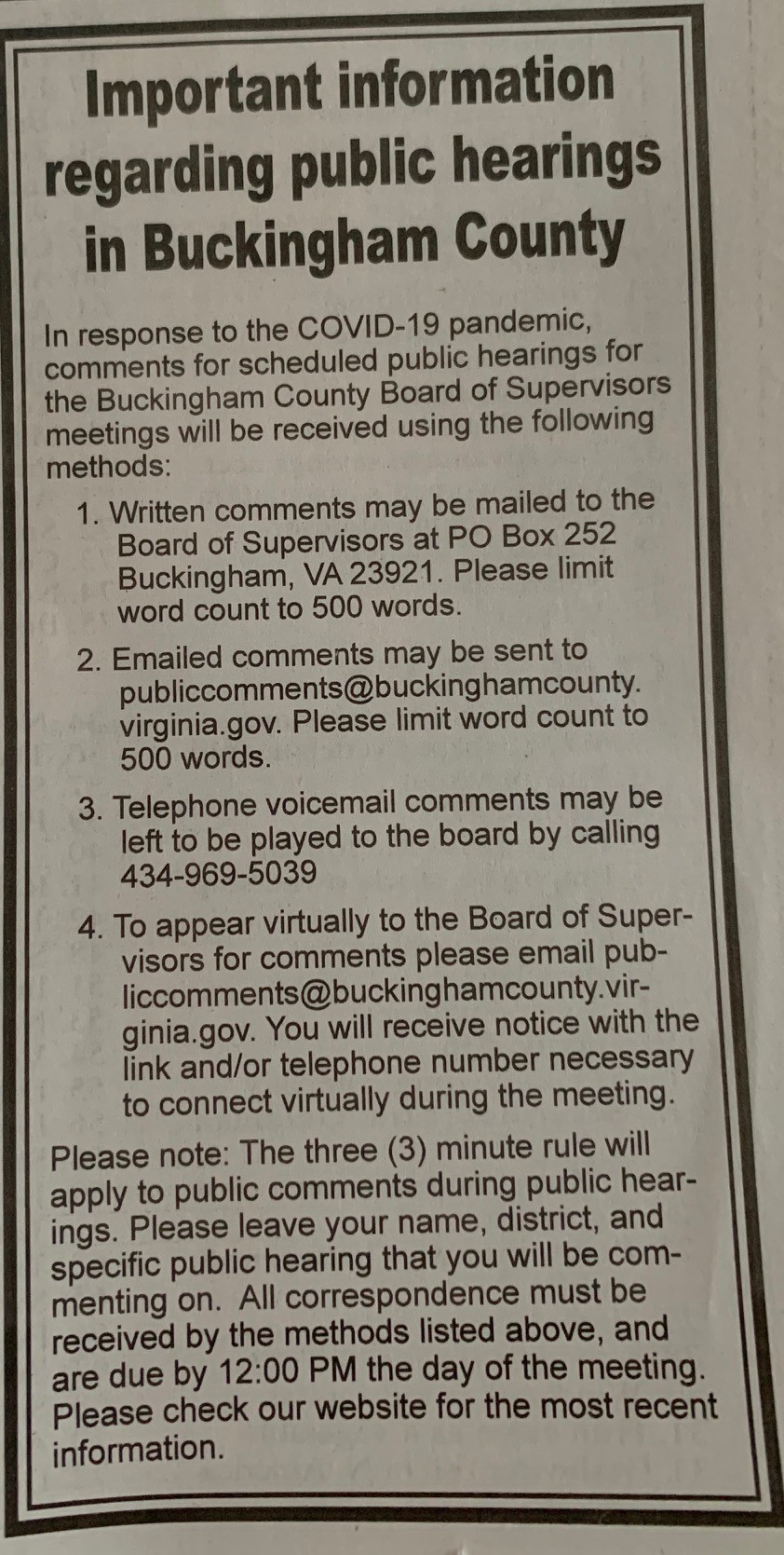 Town Hall Video Link, Additional Rescue Coverage, New Format For Public Hearings, Updated COVID