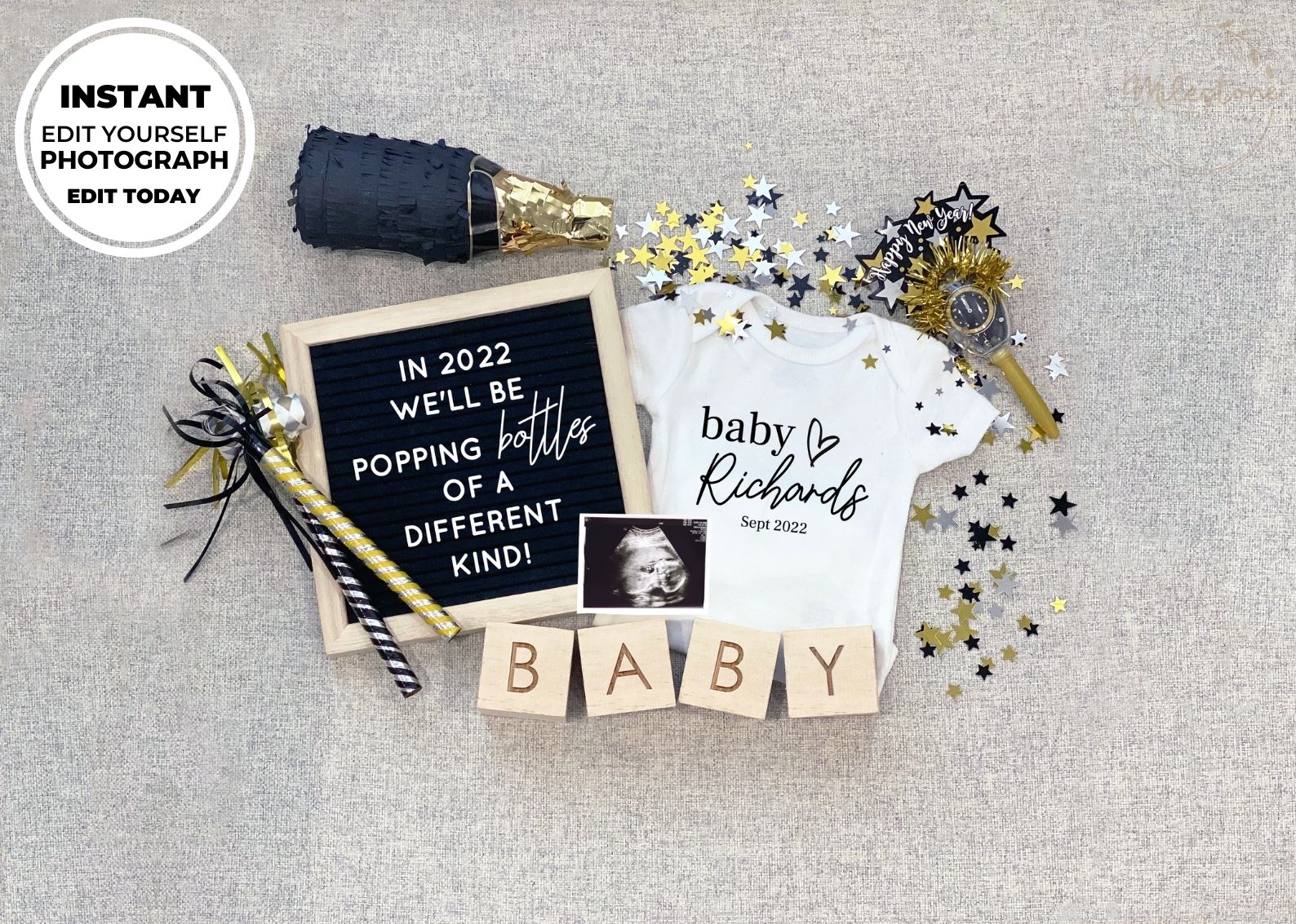Editable Edit Yourself New Years Pregnancy Announcement Social