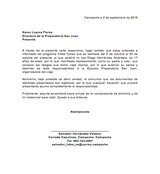Ejemplo De Carta De Permiso Para Trabajar De Los Padres