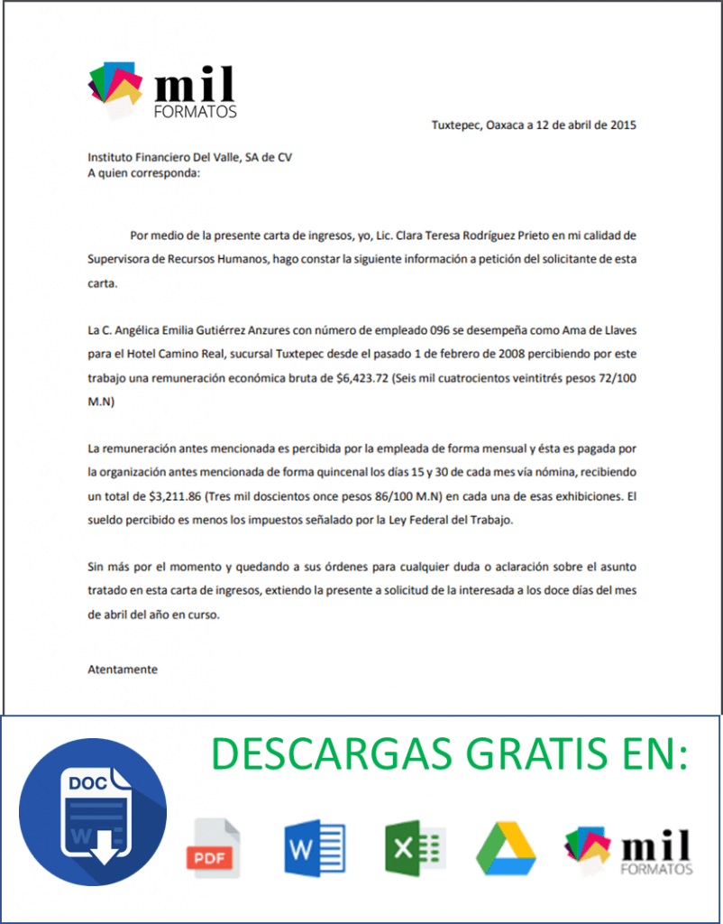 Modelo Carta De Ingresos Trabajador Independiente Modelo