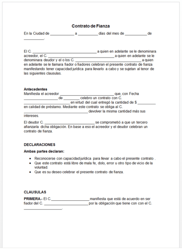 Contrato de fianza > Ejemplos y Formatos Word y PDF para