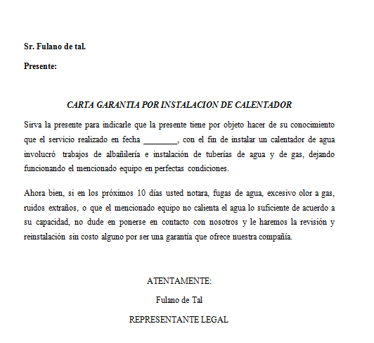 Formato Carta Garantia Mano de Obra