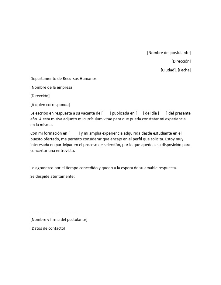 Ejemplo de carta de presentación o postulación