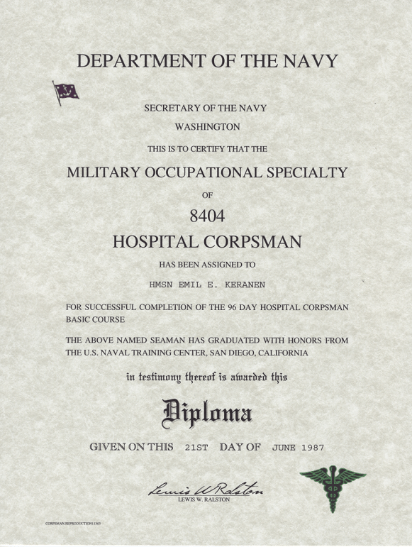 MOS 8404 Navy Corpsman Certificate
