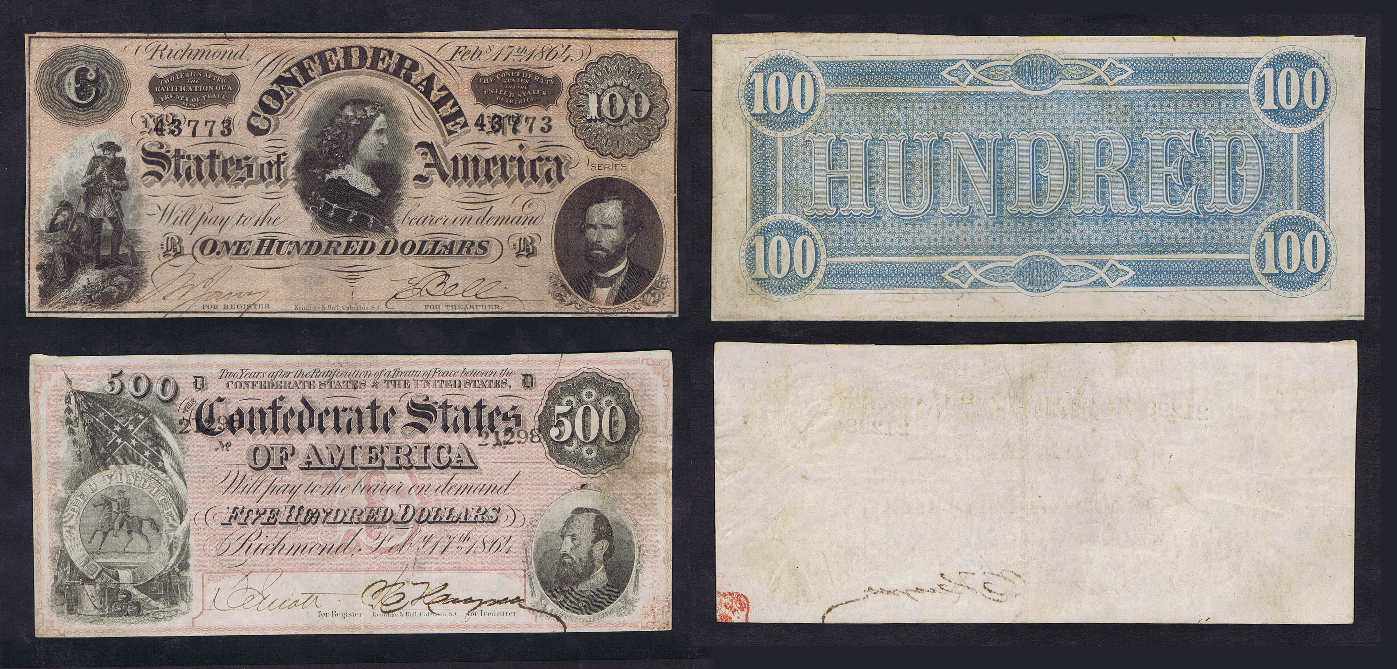COMPLETE 1864 CONFEDERATE STATES BANKNOTE SET of 9 VALUES (50¢, 1, 2