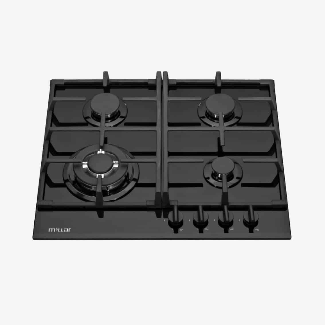 Black 60cm 4 burner gas on glass hob Millar Int'l Ltd