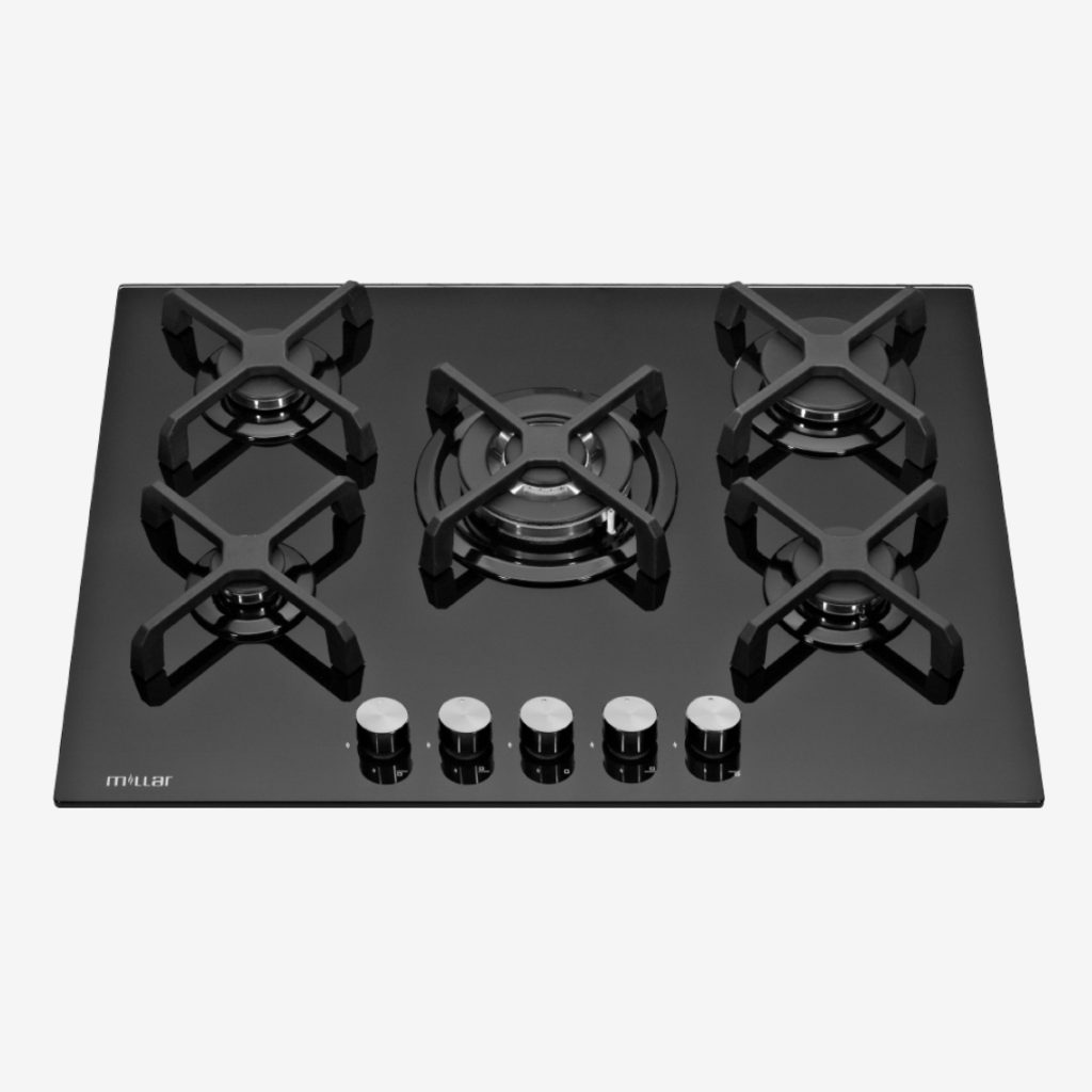 Black 70cm 5 burner gas on glass hob Millar Int'l Ltd