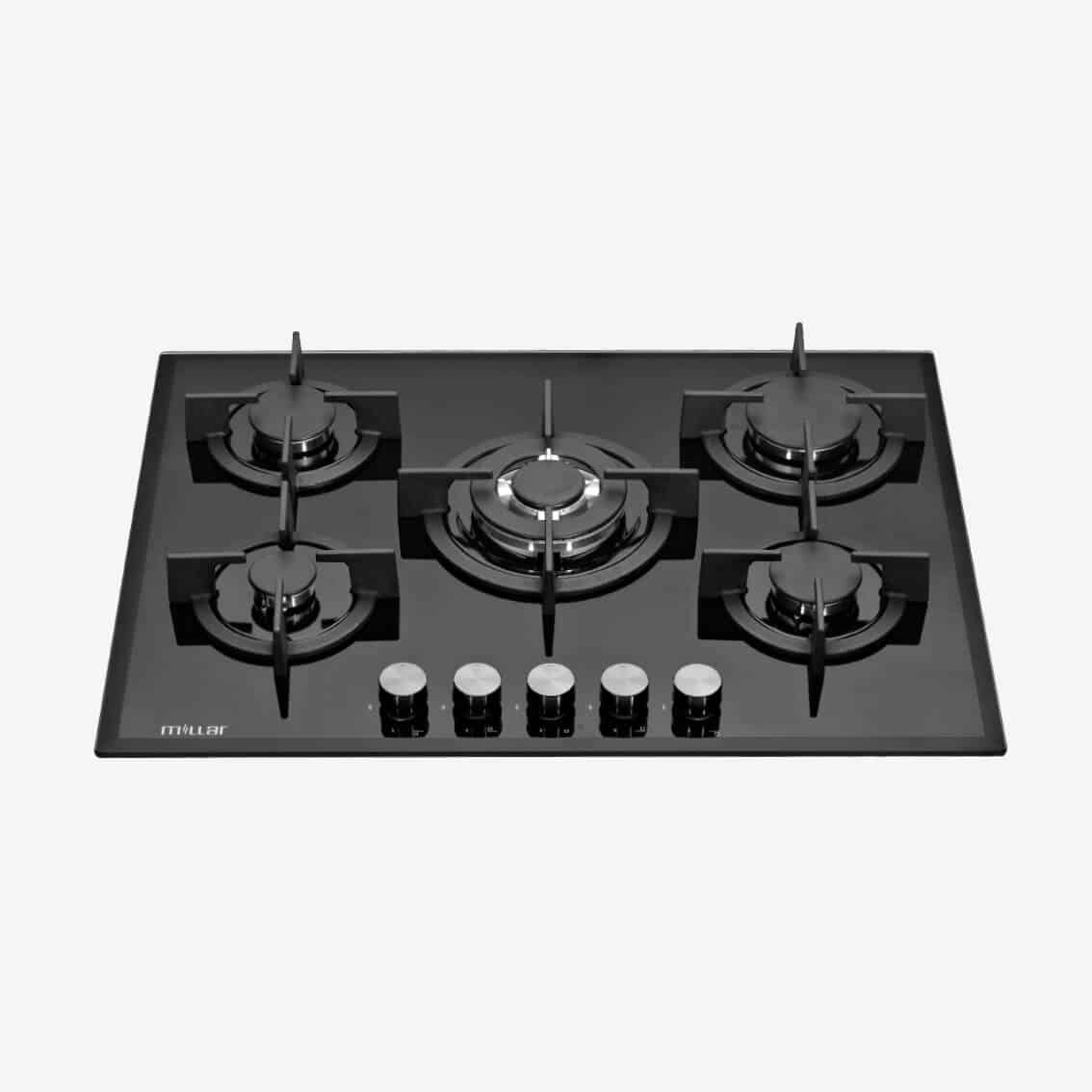 Black 70cm 5 burner gas on glass hob Millar Int'l Ltd