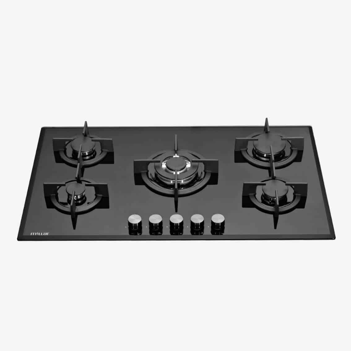 Black 90cm 5 burner gas on glass hob Millar Int'l Ltd