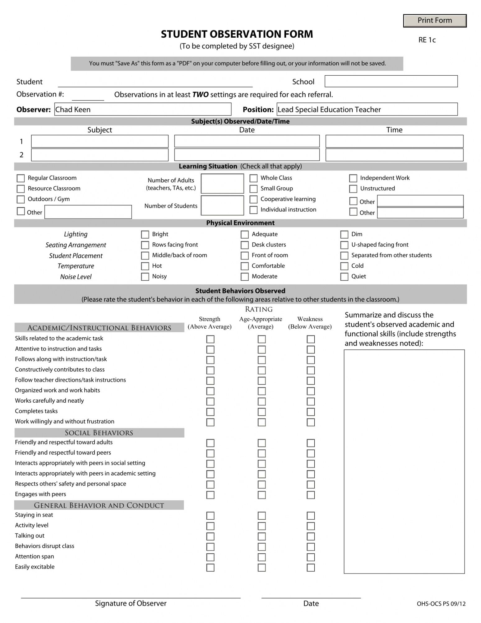 Editable Free 4 Student Observation Forms In Pdf Ms Word Excel Student Observation Form Template Editable Free 4 Student Observation Forms In Pdf Ms Word Excel Student Observation Form Template