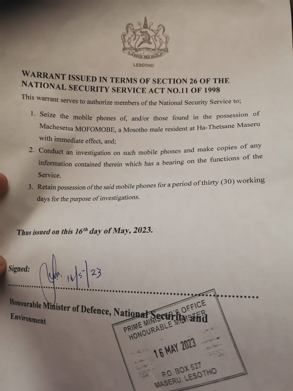 Lesotho National Security Service Warrant Issued in the Terms of