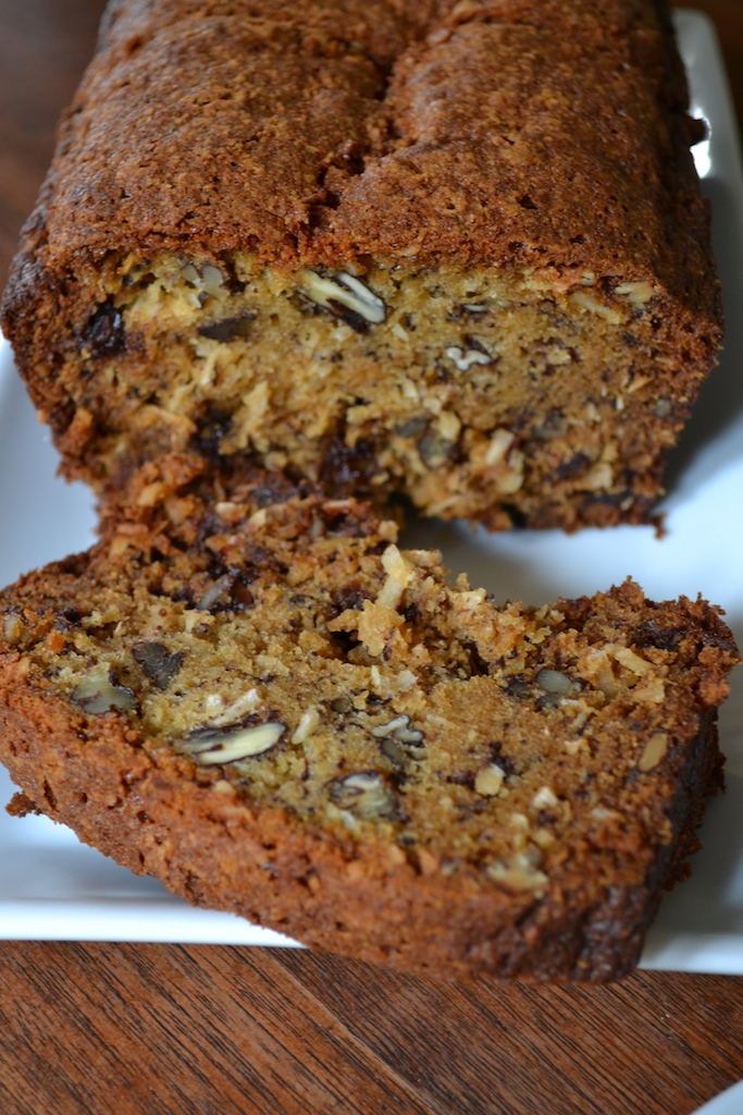 Tropical Banana Bread with Chocolate, Coconut, and Pecans Minced