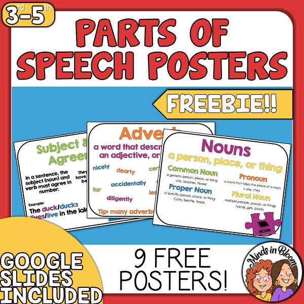 Parts of Speech Posters and Grammar Anchor Charts Freebie Minds in Bloom