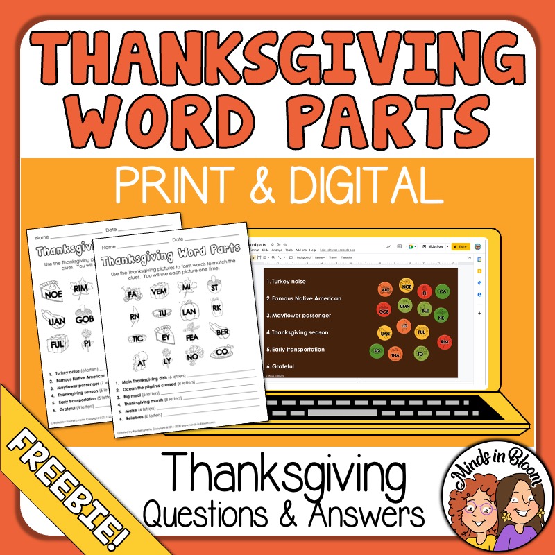 Thanksgiving Word Activity FREEBIE! NoPrep Printables and Google Slides Minds in Bloom