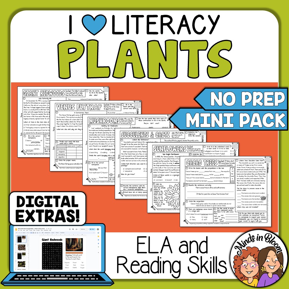 Plants Themed ELA and Reading Skills Review MiniPack Morning Work