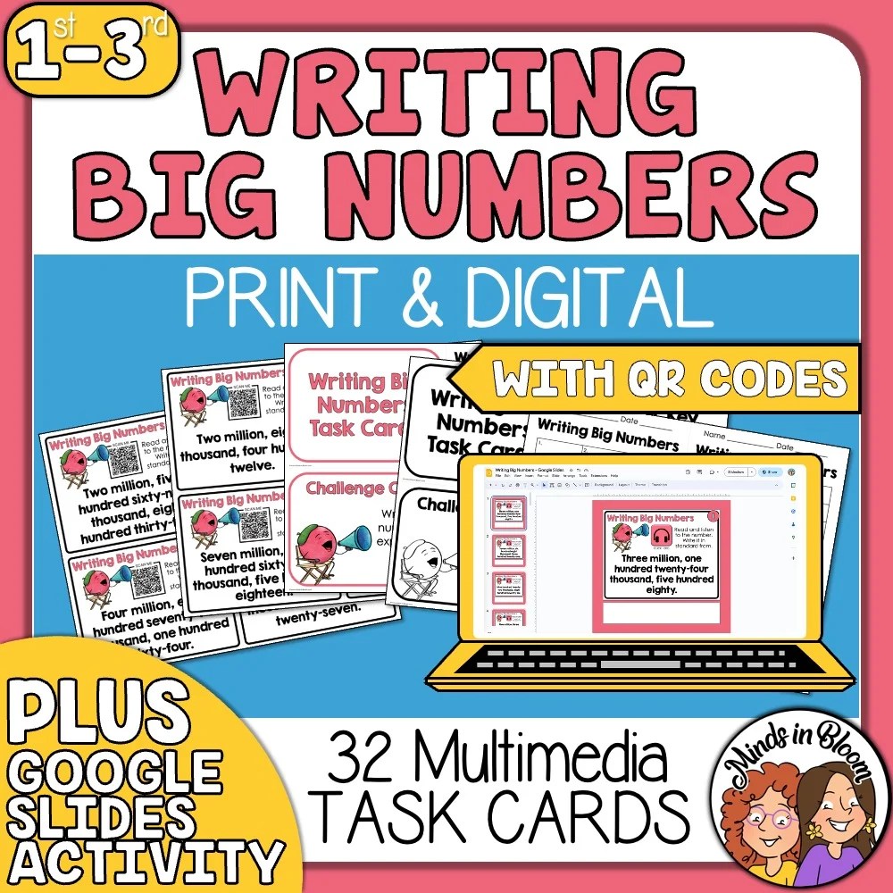 Writing Big Numbers Task Cards Audio Support for Print (QR Codes) and