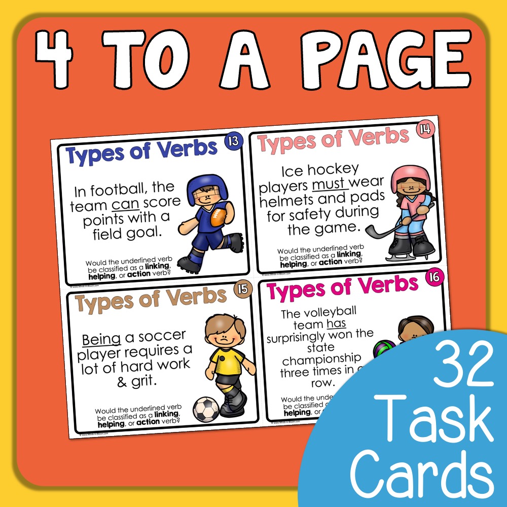 Types of Verbs Task Cards Linking, Helping, & Action Verbs with