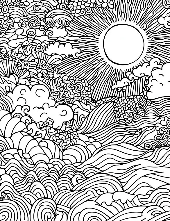 Intricate Ocean Waves And Sun Summer Solstice Coloring Page Mindset Flow