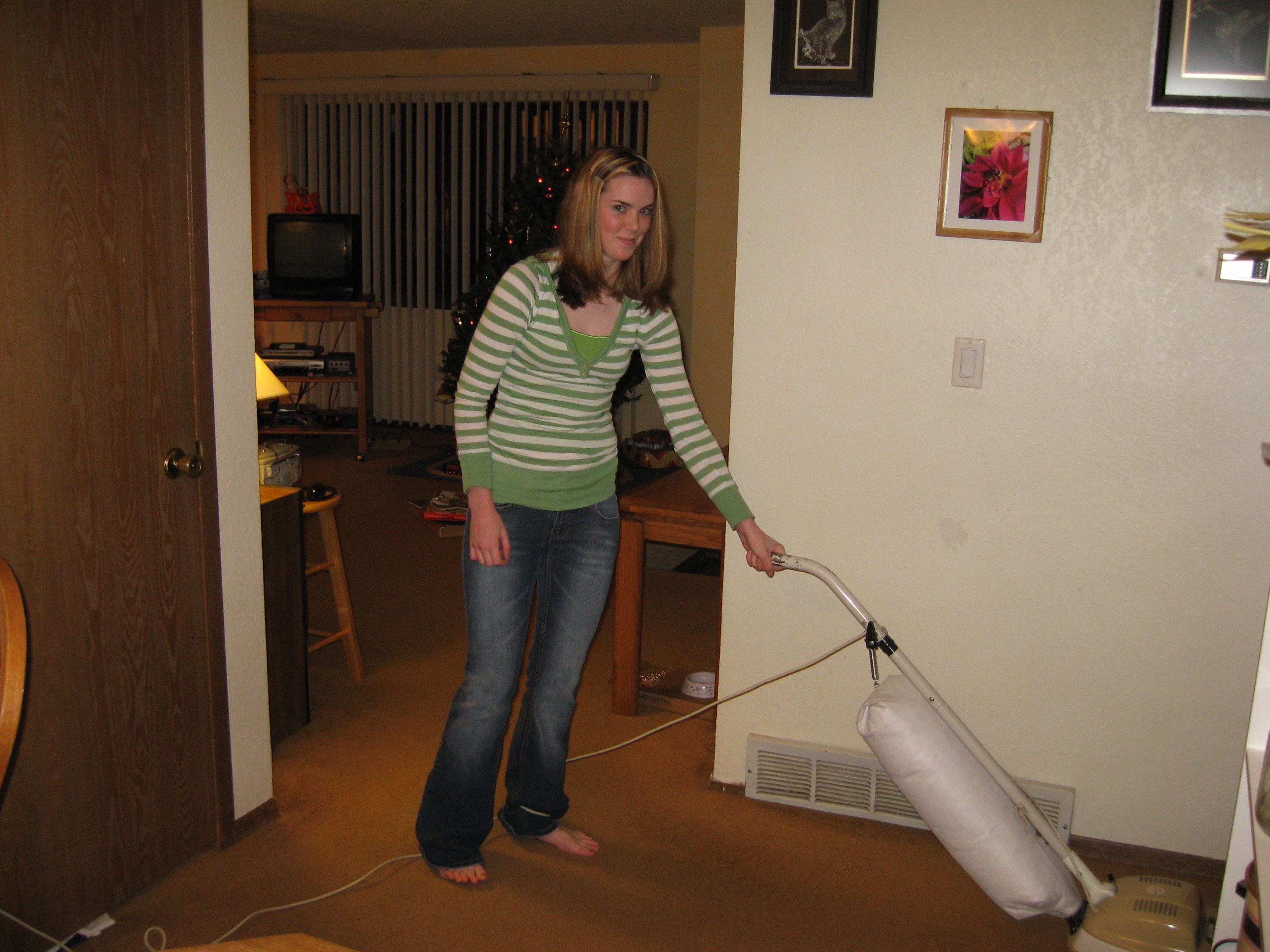 "barefoot and doing housework", I joked