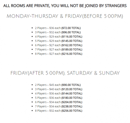 Pricing MindTrap Escape Room