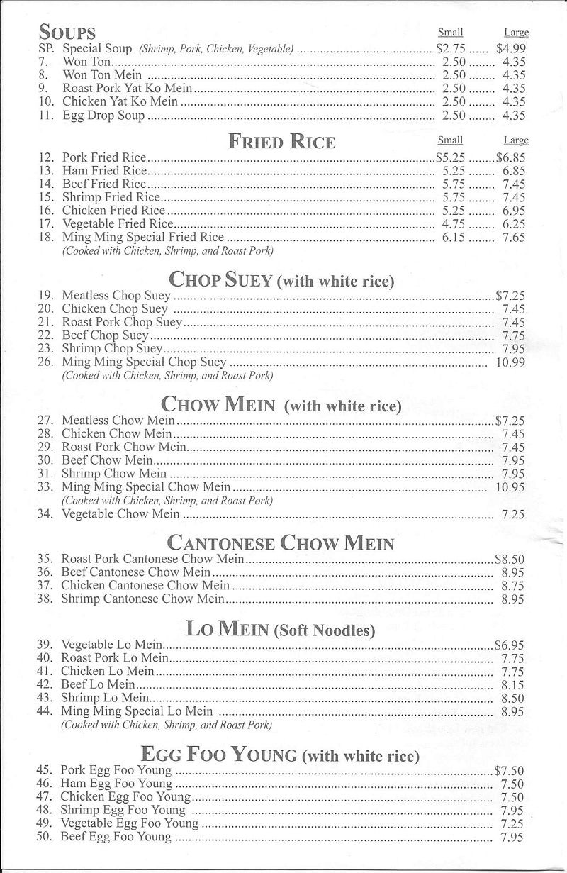 Menu Ming Ming Chinese Restaurant