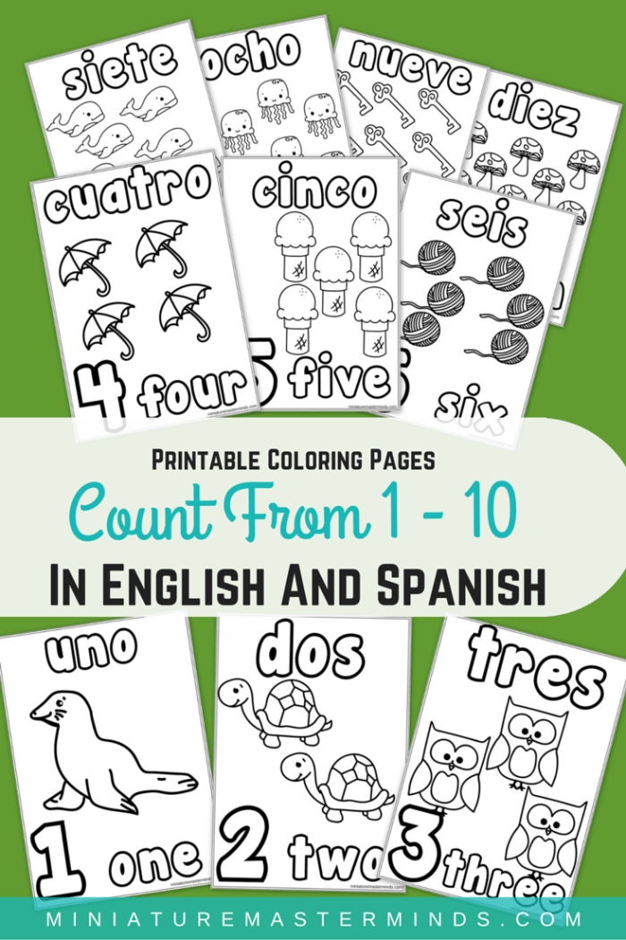 Printable Coloring Pages Counting 110 in English and Spanish