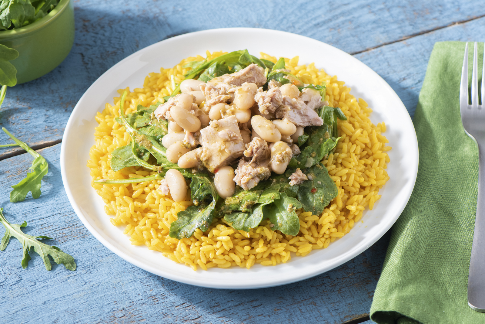 Yellow Rice Bowl with Tuna, White Beans and Pesto Minute® Rice