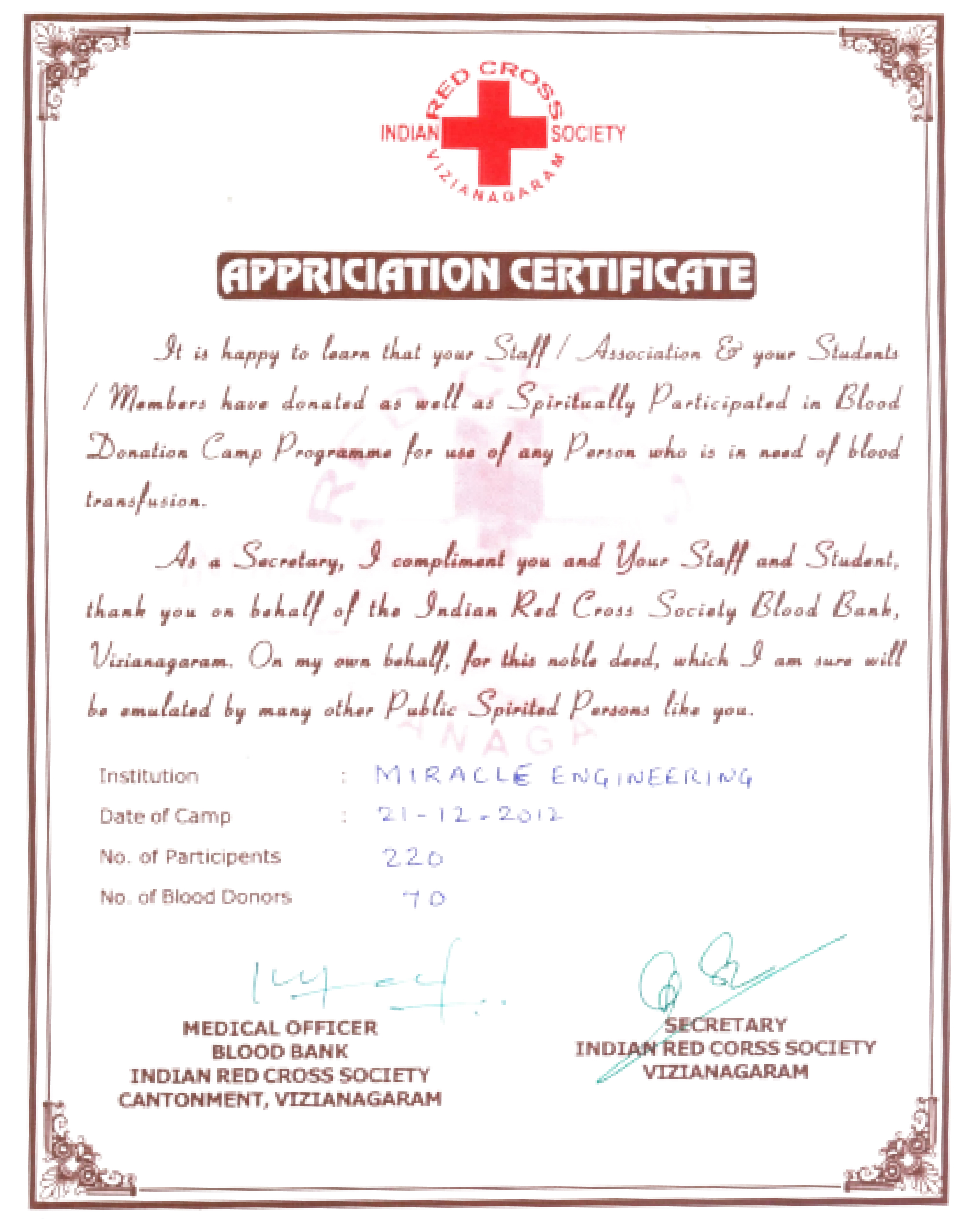 World Blood Donor Day Award for Outstanding Community Service Miracle