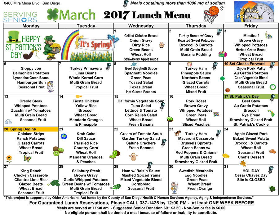 March 2017 Lunch Menu Now Available! Mira Mesa Center