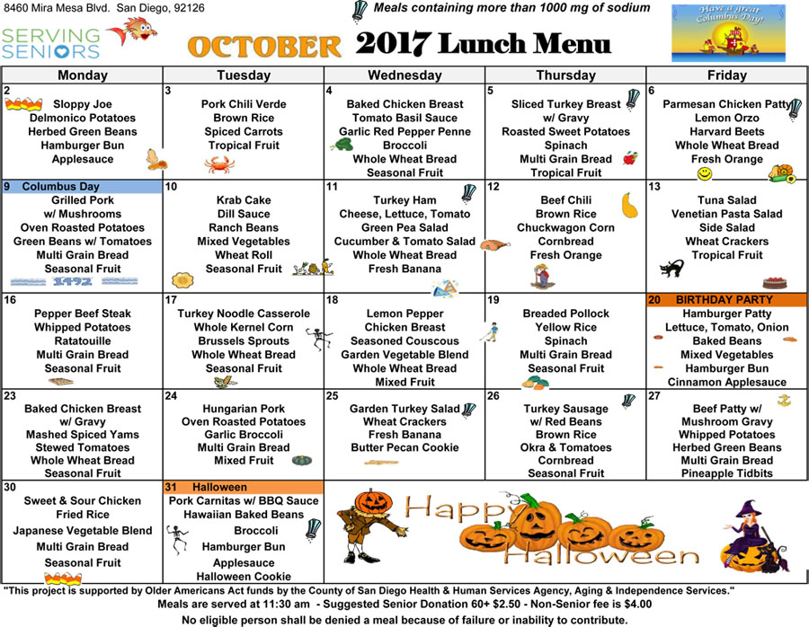 October 2017 Lunch Menu Now Available! Mira Mesa Center