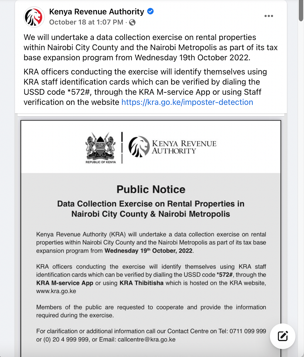 FALSE KRA Has Not Raised Monthly Rental Tax to 30 Piga Firimbi