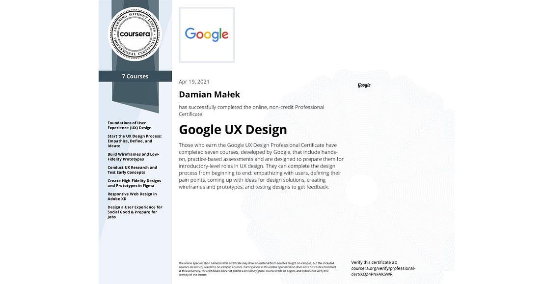 Review Google UX Design Professional Certificate by Damian Malek