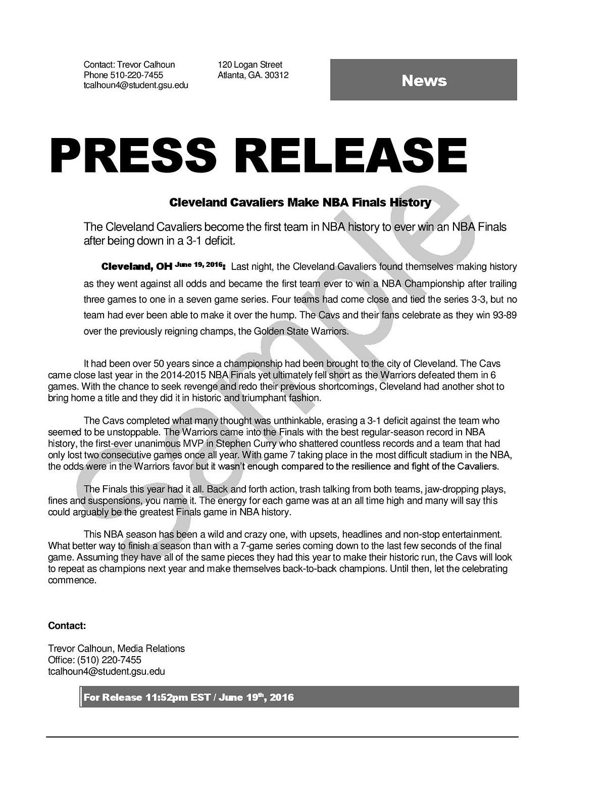 2016 Sample Press Release by Trevor Calhoun Medium