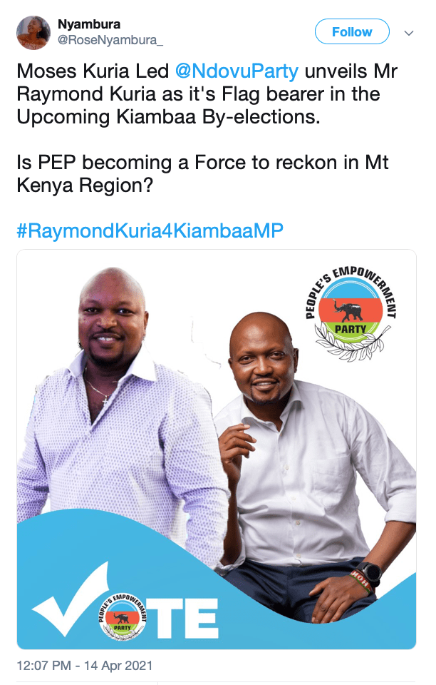 Is there love lost for him in mt.kenya region? False People S Empowerment Party Has Not Unveiled A Candidate For The Kiambaa By Election By Pesacheck Pesacheck