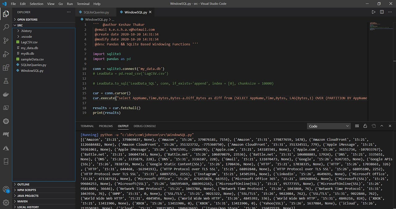 Windowing function for SQLite3 using Python on VSCode by