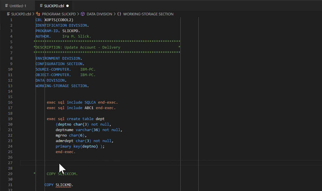 Intellisense with Db2 SQL COBOL Statements in VSCode and