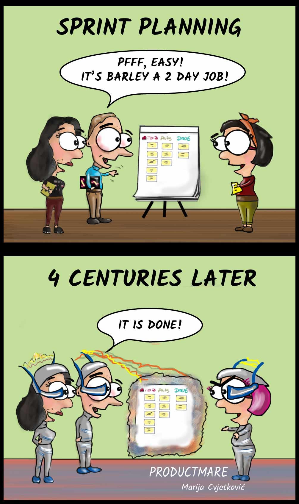 Scrum gone wild in 15 cartoons. I drew 15 cartoons that mock false