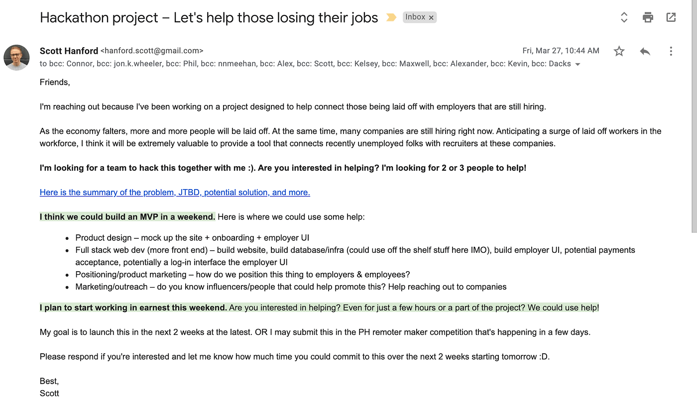 Helping laid off employees get connected with recruiters Building