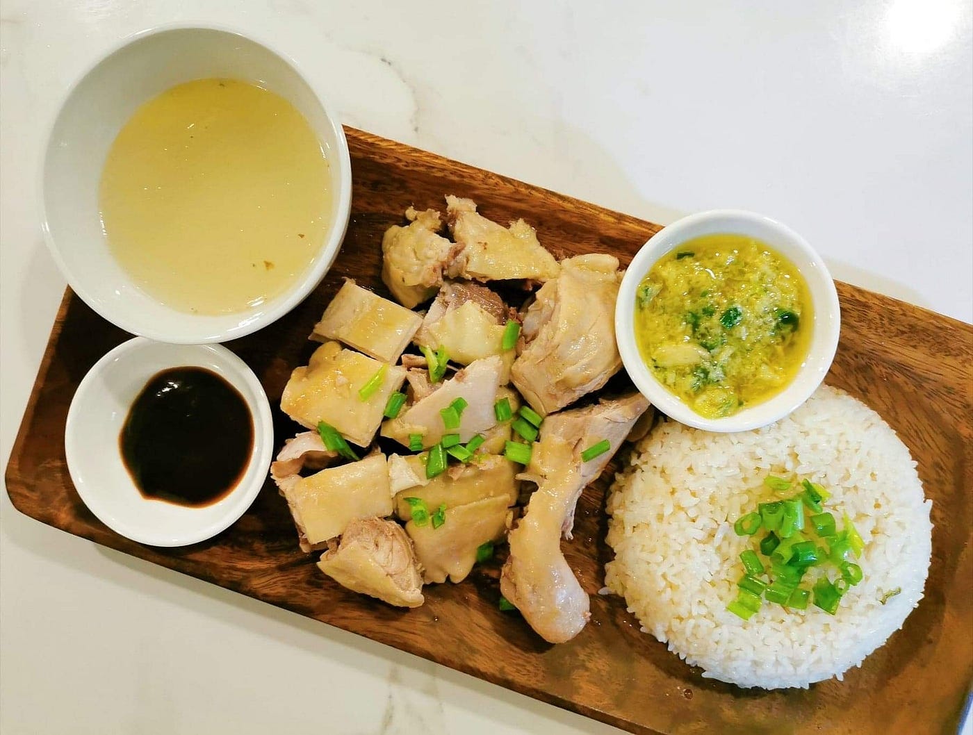 Hainanese Chicken and Rice with Ginger Sauce and Hoisin Sauce by