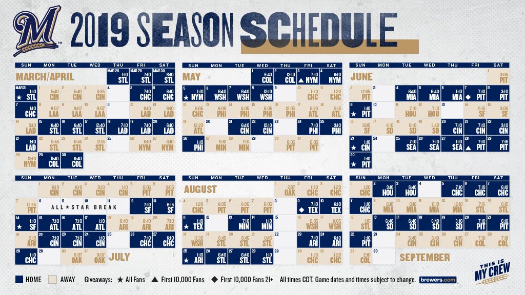 BREWERS ANNOUNCE 2019 SCHEDULE WITH HOME AND ROAD TIMES by Caitlin