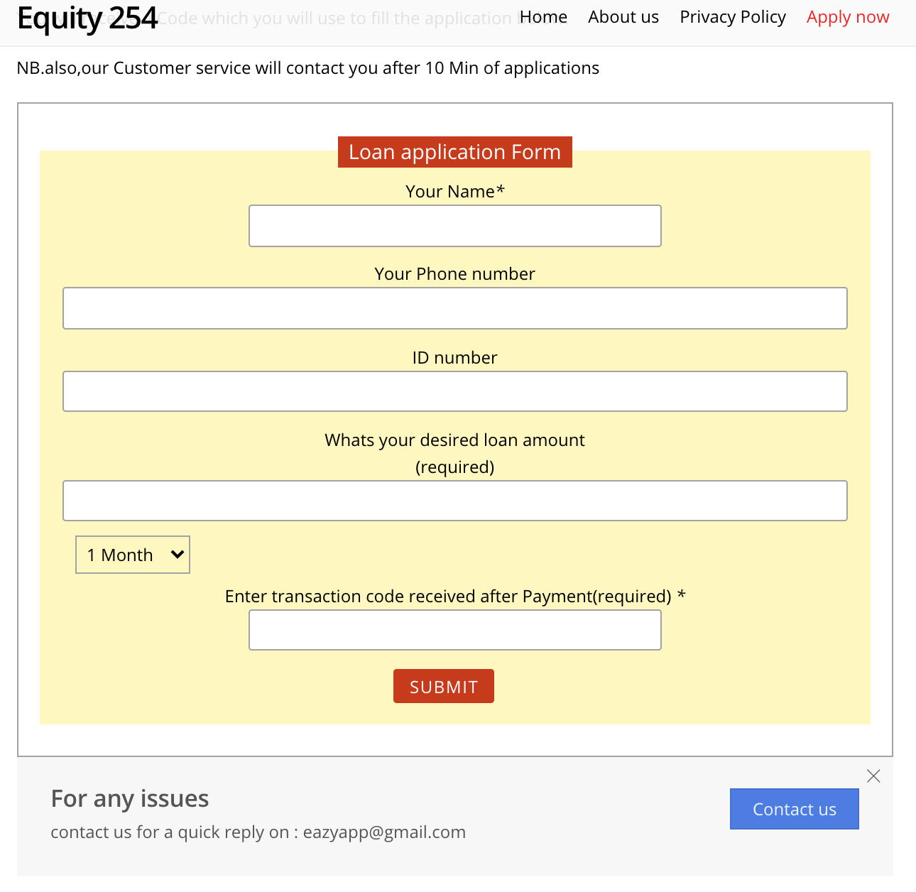 HOAX This post offering loans from Equity Bank through an online form