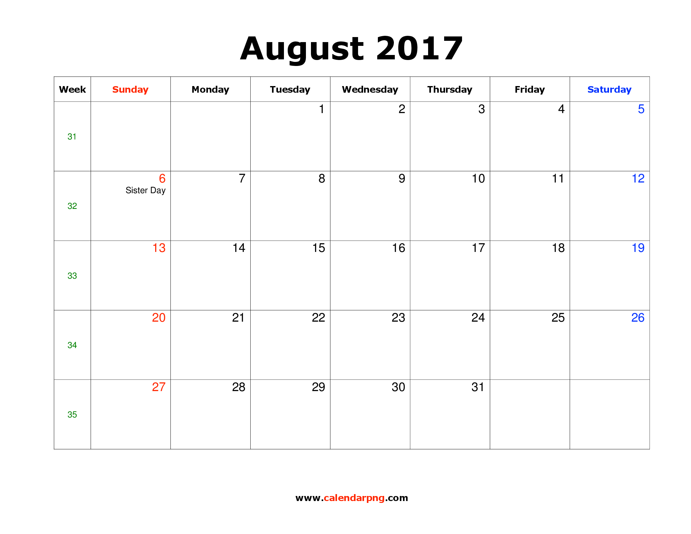 August 2017 Calendar PNG by Huy Tran Medium