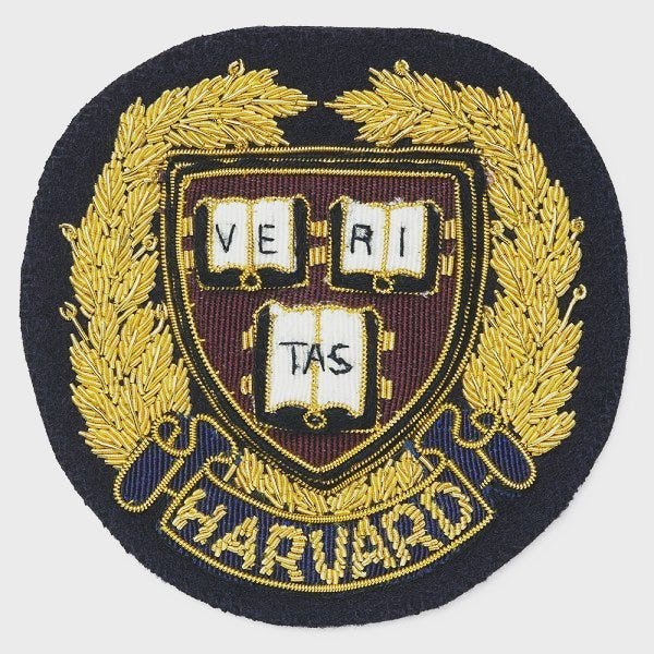 Harvard University Blazer Badge by Embroidered Badges Bullion Wire Blazer crest patch